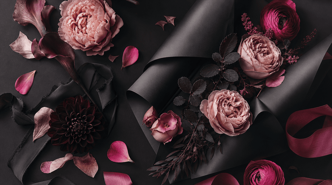 Wide atmospheric brand scene with petals, silk ribbon, matte wrapping paper, and sculptural flowers arranged as a sophis