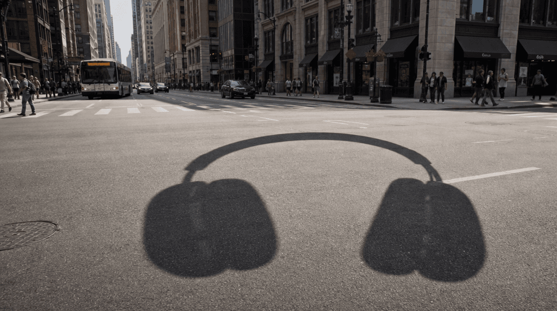 Product shadow cast dramatically on city street from floating object above, realistic shadow perspective, ground-level v