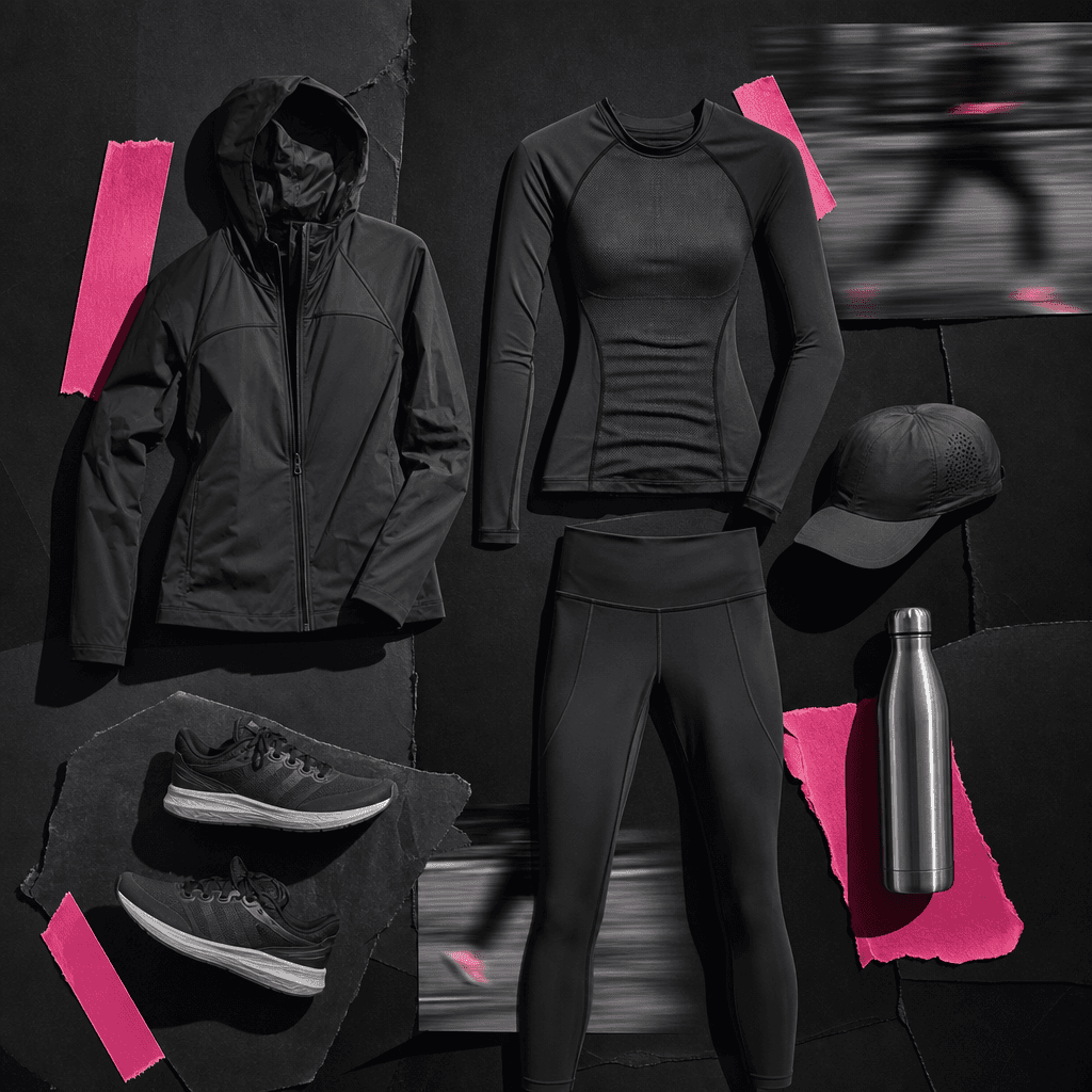 Minimal sportswear outfit presented as a graphic scrapbook board, including technical jacket, fitted top, leggings, runn