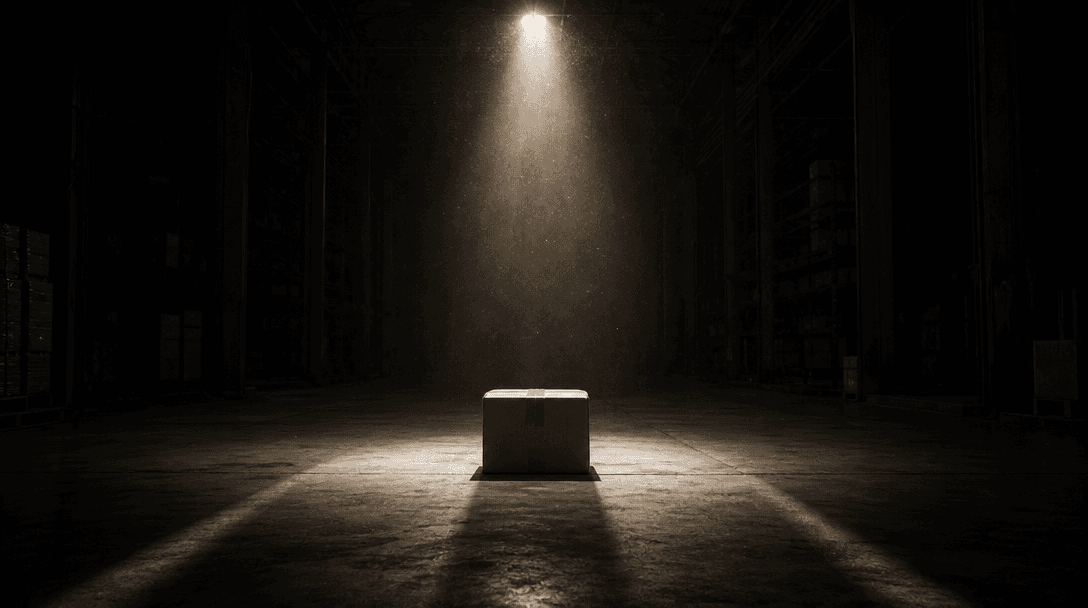 A single sealed parcel under a hard spotlight in a vast dark warehouse, long converging shadows directing attention towa