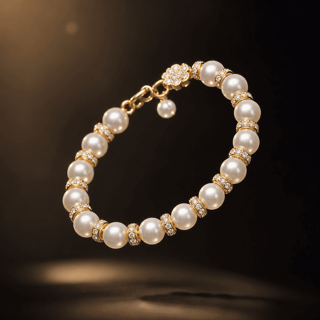 Premium pearl bracelet suspended mid-air with soft rotation, warm studio spotlights creating pearl luster highlights, mi