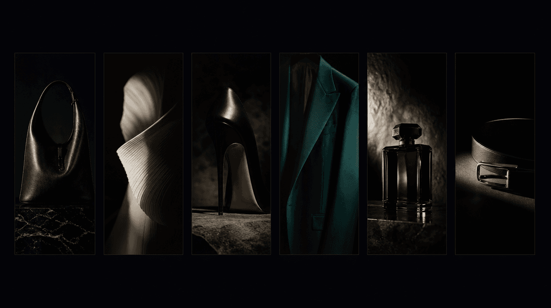 Abstract cinematic scene suggesting a complete editorial set: six narrow dark frames arranged in a subtle film-strip geo