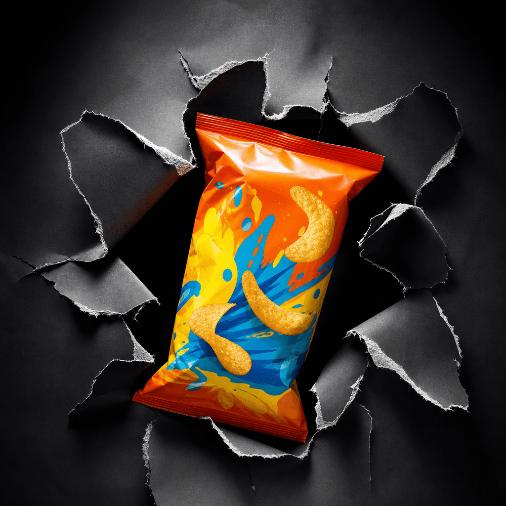 A bright-colored snack package bursting through a ripped paper reveal. Vivid product packaging colors against a deep dar