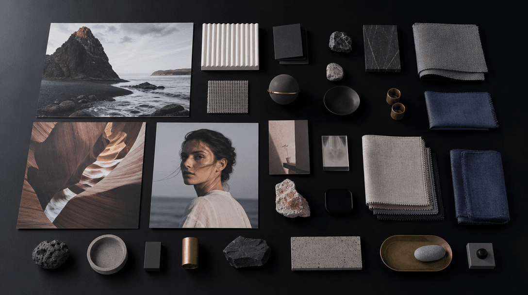 Overhead editorial scene: organized collection of physical creative outputs — large-format printed photographs, small pr