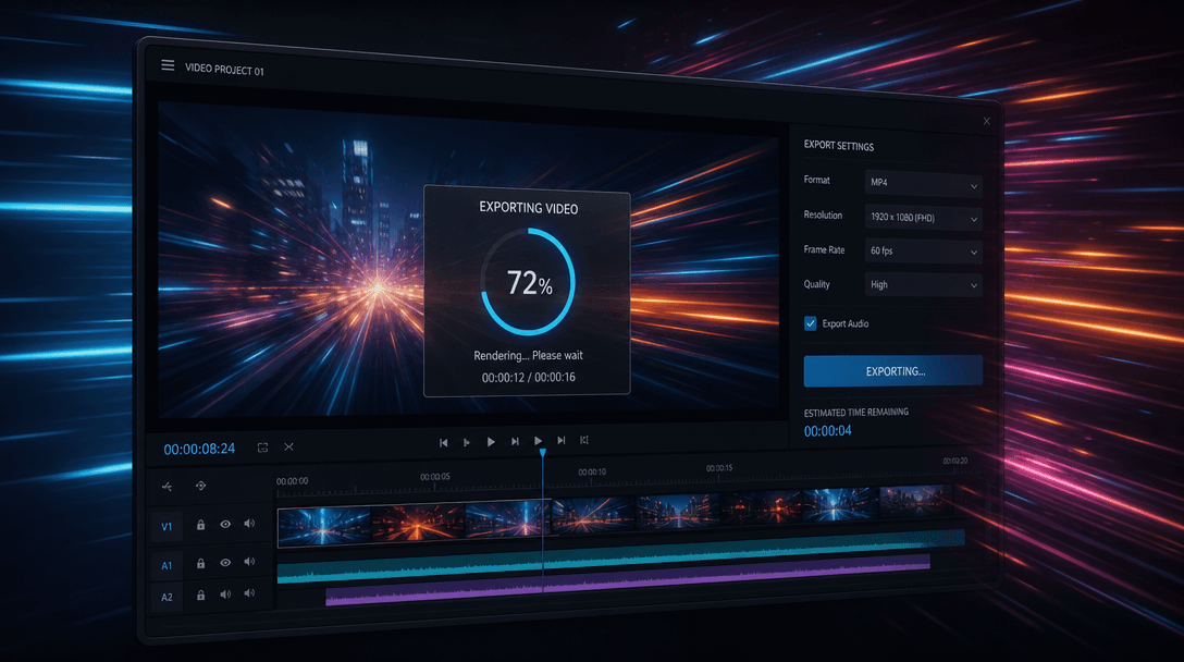 Fast motion blur effect over video generation and export sequence, dynamic light streaks and digital transformation visu