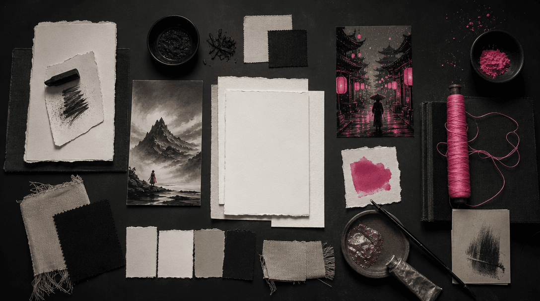 An art director's dark studio table arranged with blank paper fragments, pigment swatches, charcoal marks, bookbinding c