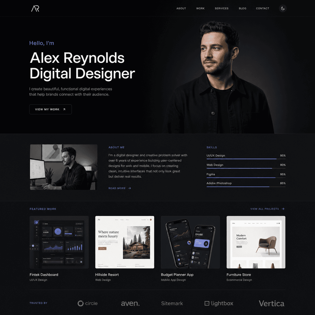 Freelancer portfolio website screenshot showing work samples and professional information, dark background with clean sa