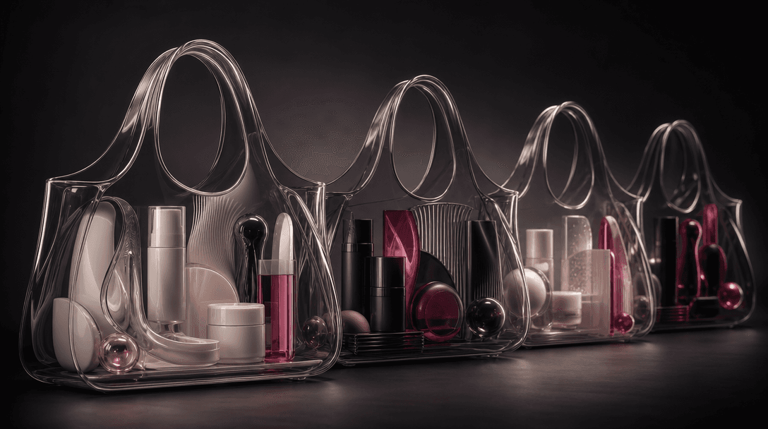 Four transparent sculptural handbag forms receding into a dark studio, each containing a different coordinated family of