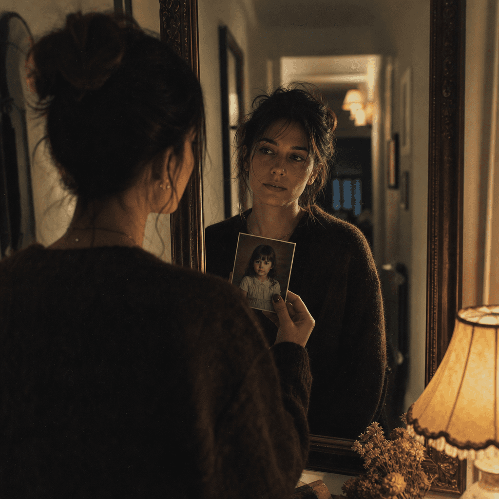 An adult woman standing before a hallway mirror while holding an old childhood photograph near her reflection, suggestin