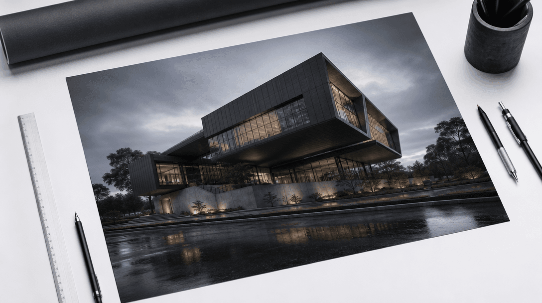 Architectural photography hero shot: a printed A2 presentation board showing a photorealistic building visualization, pl