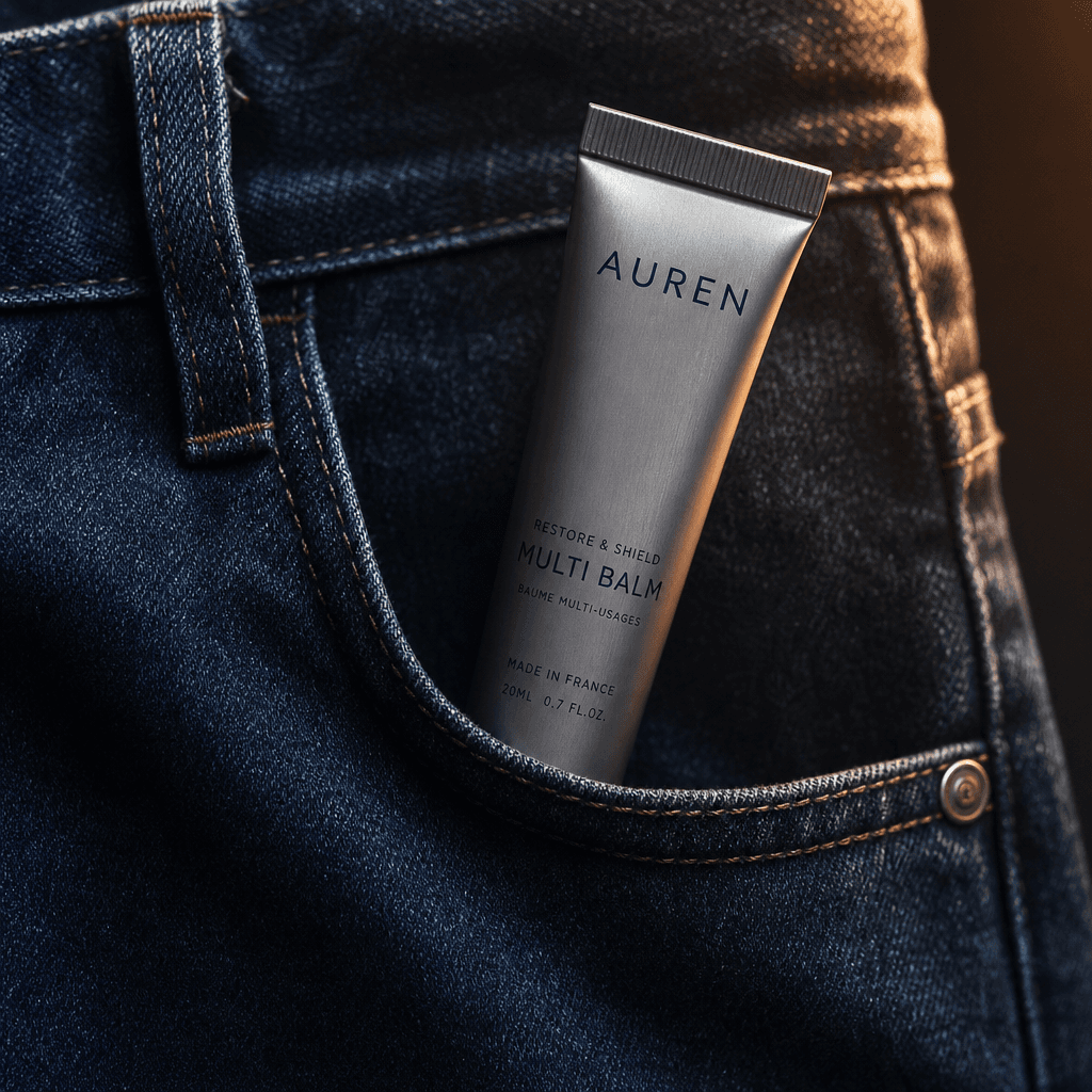 A sleek skincare balm in a metallic tube emerging from a denim pocket, natural creases and stitching rendered in precise