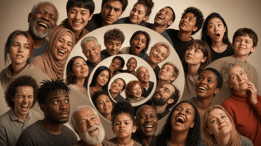 Diverse group of expressive faces arranged in flowing gentle spiral—varied skin tones, ages, genders, facial features, e