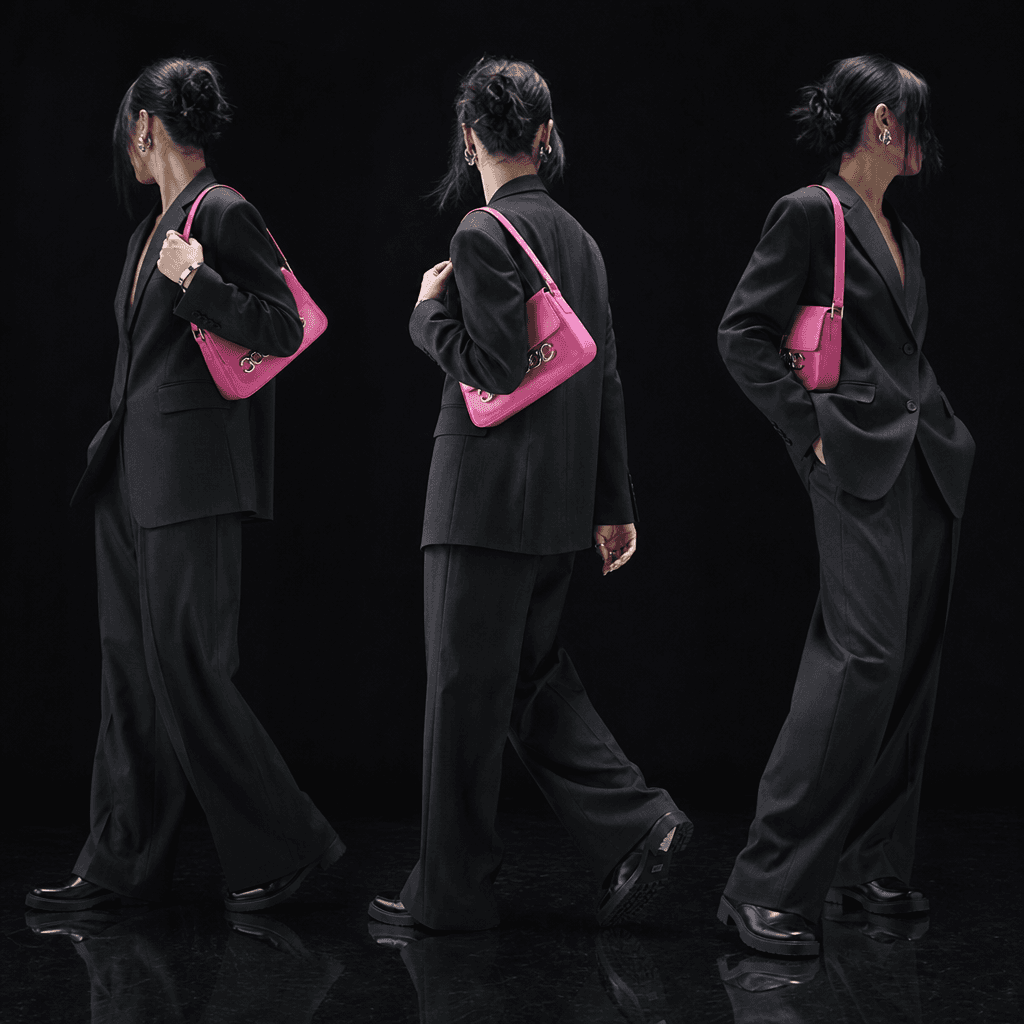 Bold accessories-led try-on image of an anonymous model rotating in a tailored dark suit with a vivid pink bag and silve