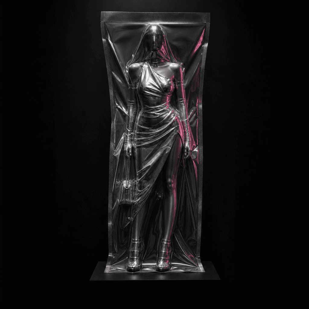 An elegant anonymous figure in a metallic evening outfit presented as a vacuum-packed collectible, transparent film conf