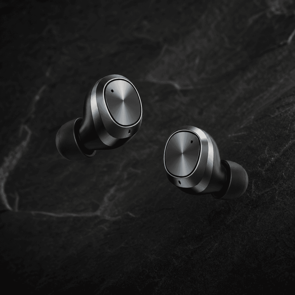 Minimalist product photography: premium wireless earbuds floating against a textured dark charcoal background, clean thr