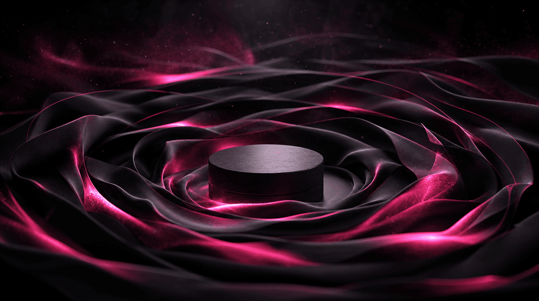 A small product pedestal surrounded by concentric waves of fabric and light suggesting a social reaction spreading outwa