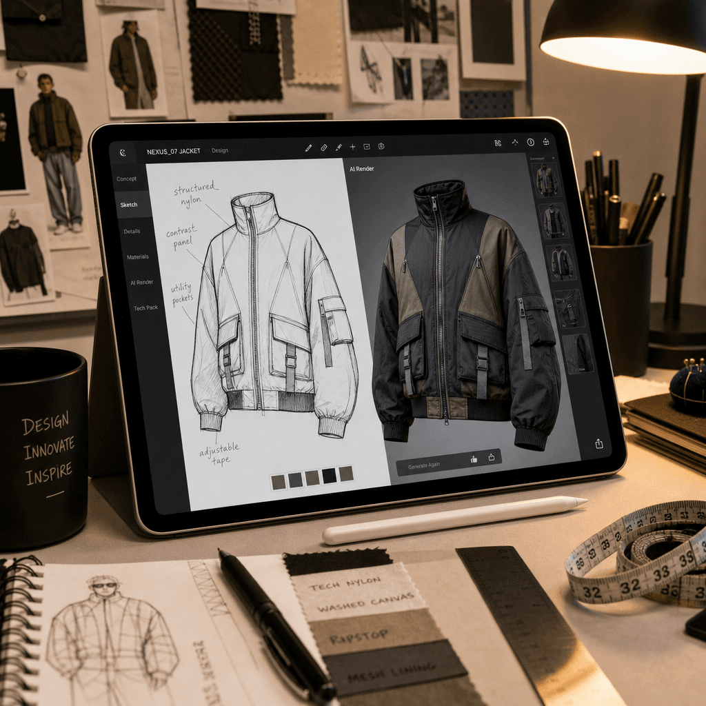 Fashion designer's tablet showing a sketched jacket design with AI rendering preview beside it. Modern workspace, warm d