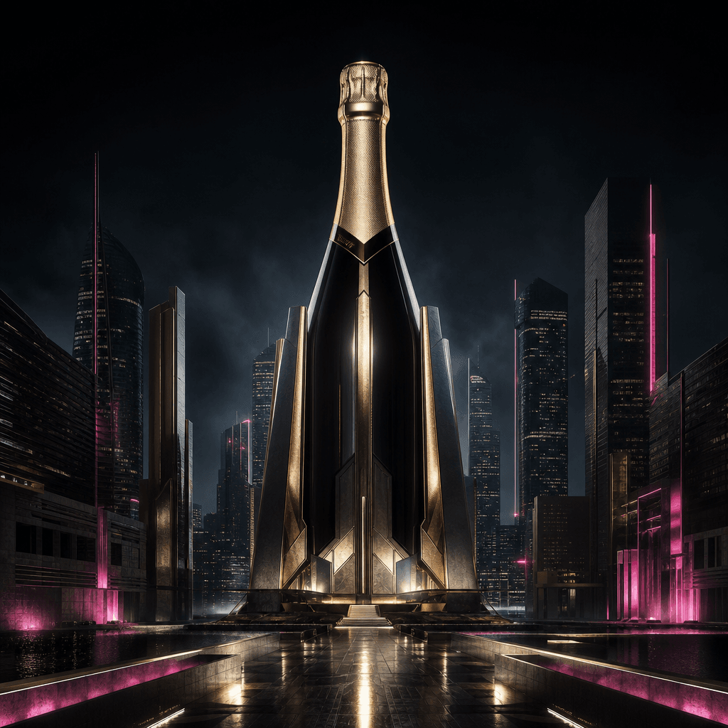 A champagne bottle standing as the centerpiece of a futuristic financial district, black glass and gold foil integrated 