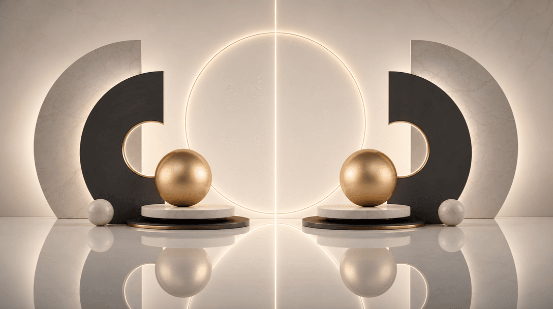 Consistency visualization abstract scene. Twin or mirrored elements reflecting perfectly, color palette unified, proport
