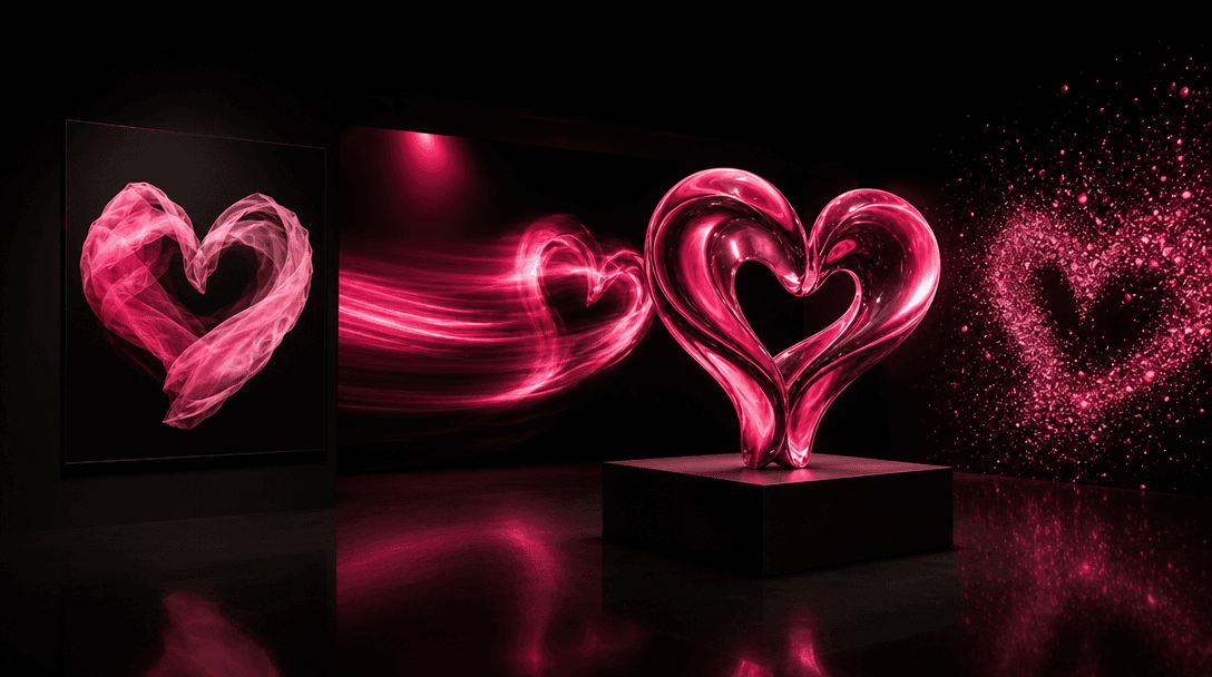 One flowing silk heart interpreted as a still photograph, a cinematic motion trail, a sculptural object and luminous par