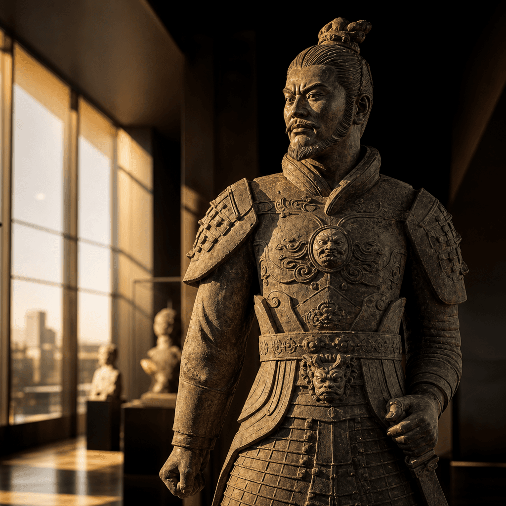 Stone warrior statue with dramatic side lighting, cinematic museum setting, golden hour light effects, professional scul