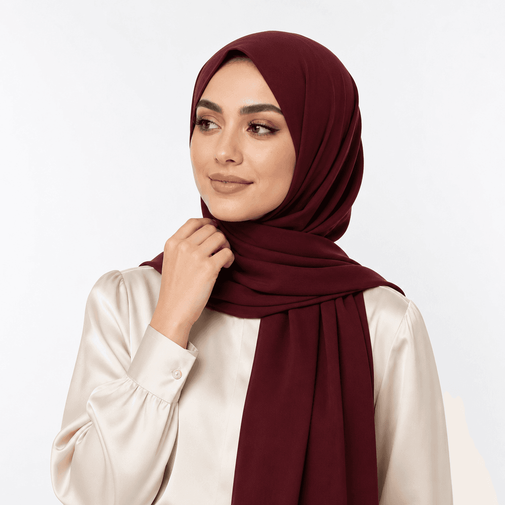 Modest fashion portrait showing woman in burgundy hijab paired with cream silk blouse, studio lighting highlighting fabr