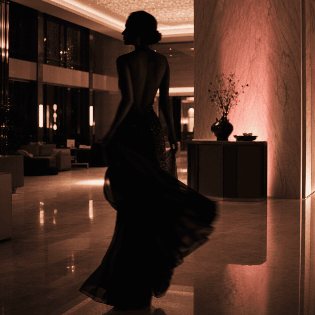 Evening dress revealed as a dark silhouette moves through the foreground of a modern hotel lobby, polished stone reflect