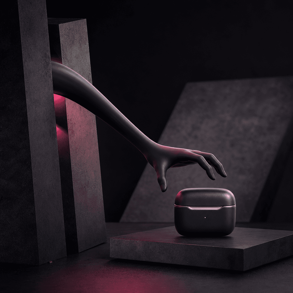A premium wireless headphone case centered on a matte obsidian platform as a surreal elastic arm snakes between geometri