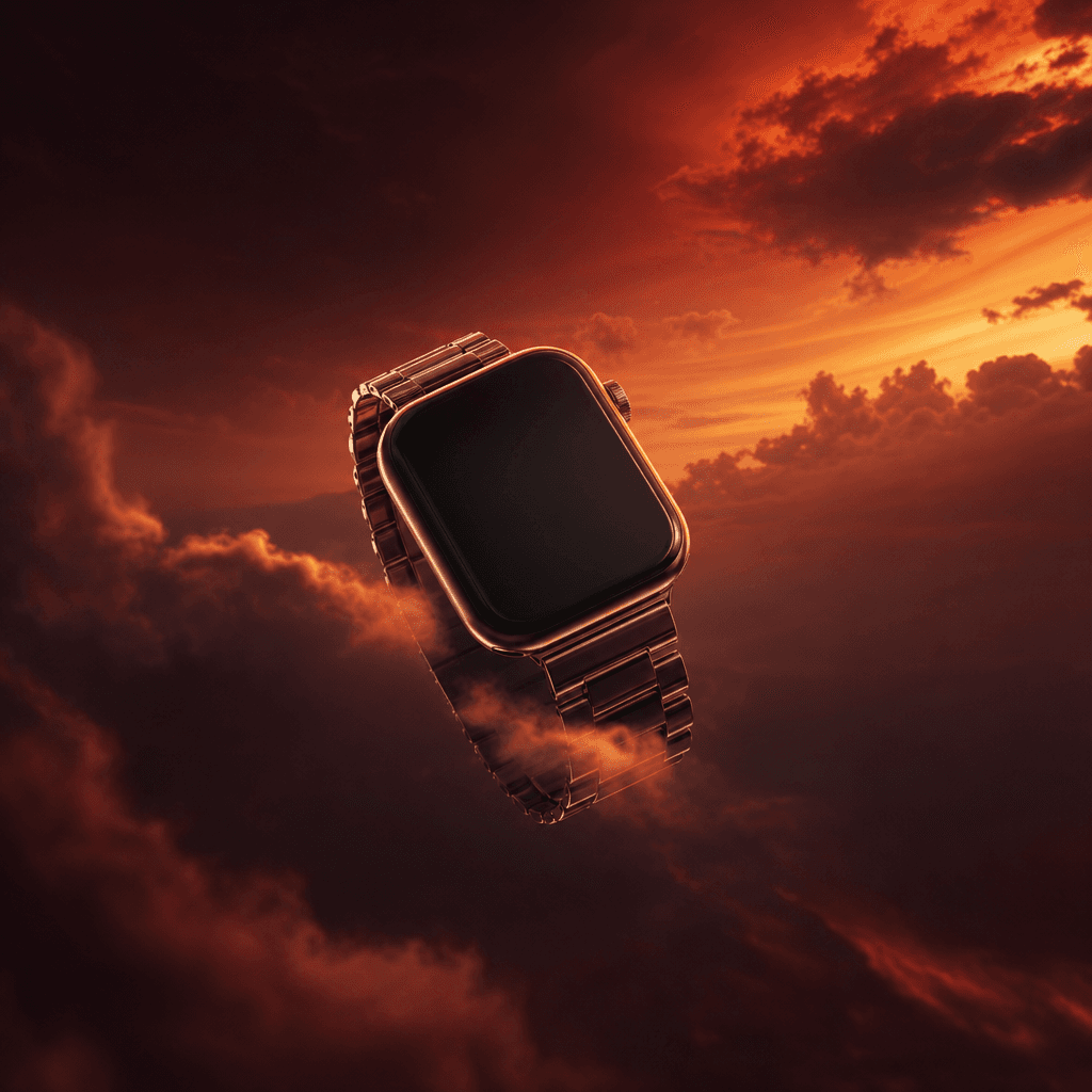 A minimalist smartwatch floating downward through a deep crimson and amber sky, thin clouds curling around the polished 