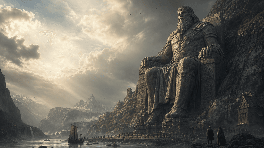 Monumental statue composition in dramatic landscape with cinematic sky showing massive scale and perspective depth