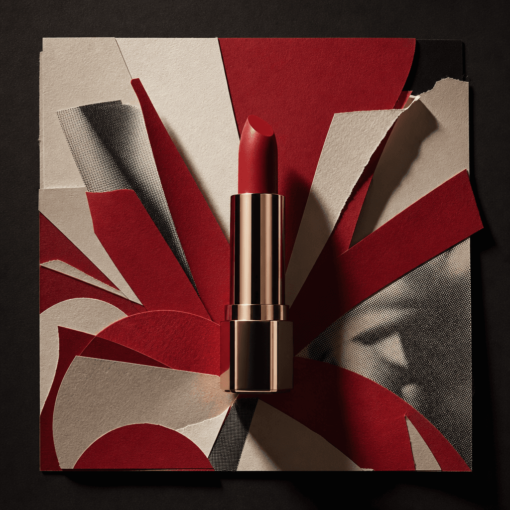 A sculptural lipstick tube centered in a square paper collage, crimson and soft off-white cut shapes radiating around po