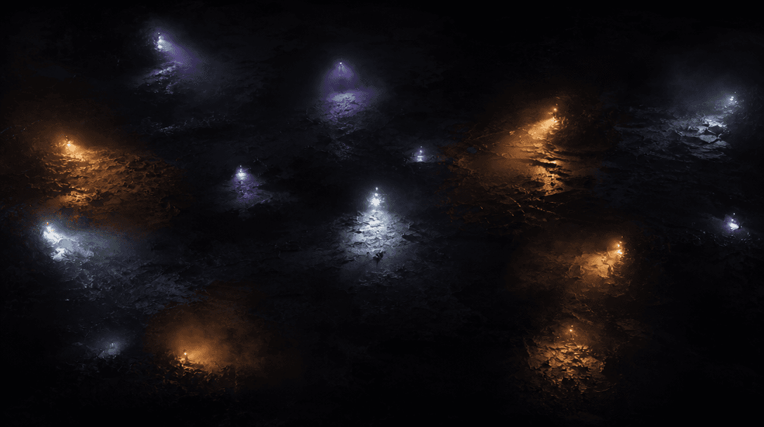 Abstract dark landscape overhead view: multiple distinct light sources — amber, cool white, faint violet — scattered acr