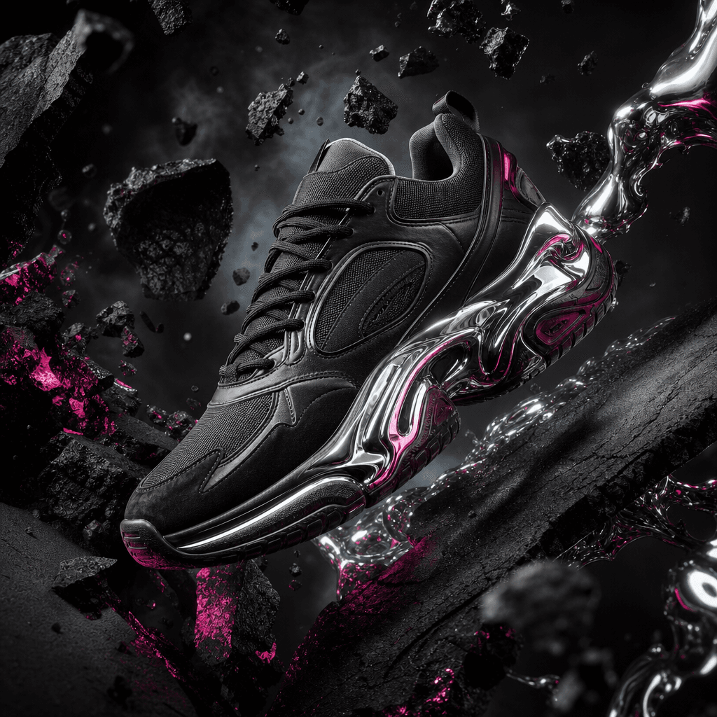 A bold streetwear sneaker balanced between fractured black concrete and reflective chrome, energetic diagonal compositio