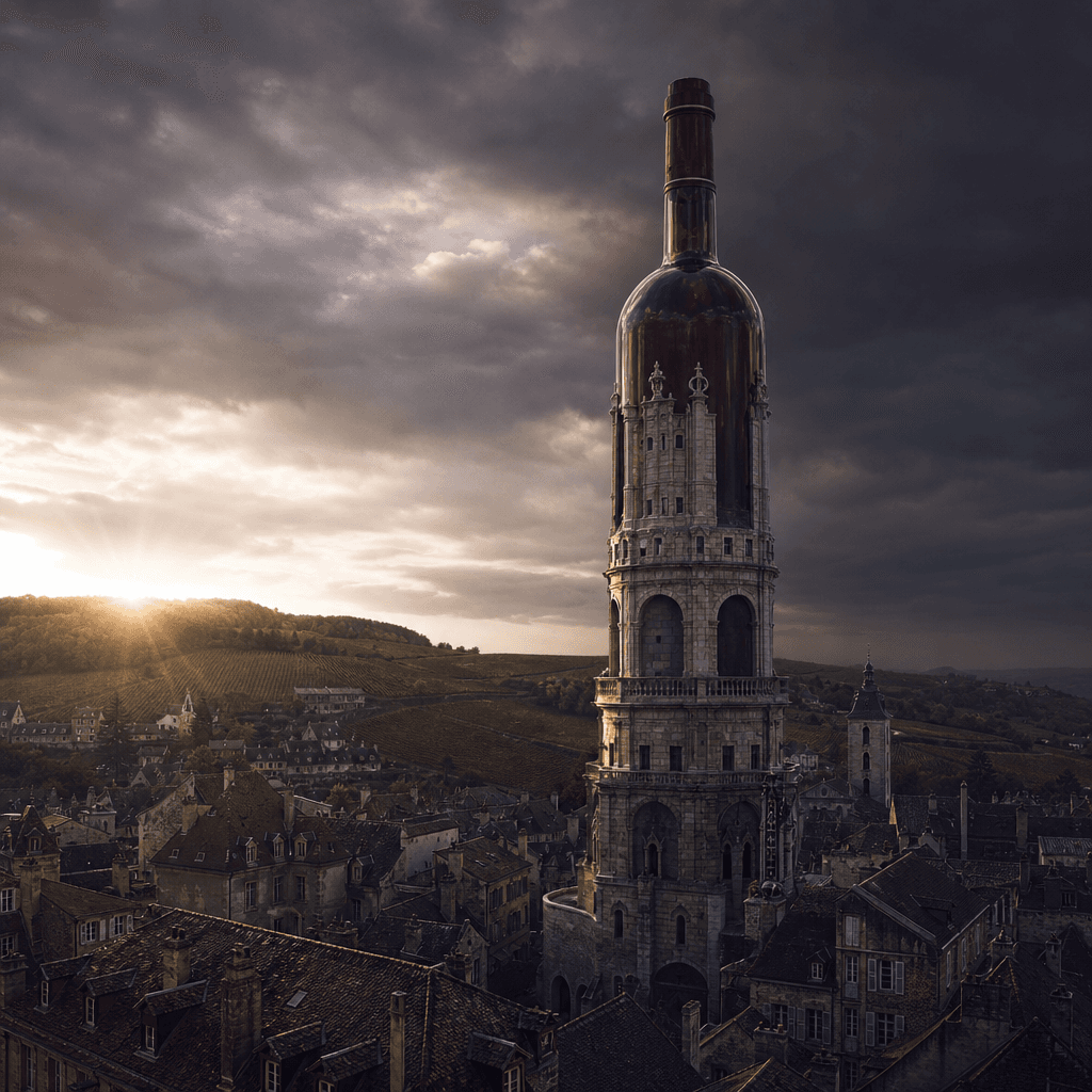 A heritage wine bottle transformed into a grand stone-and-glass tower above an old European city, dawn light cutting thr