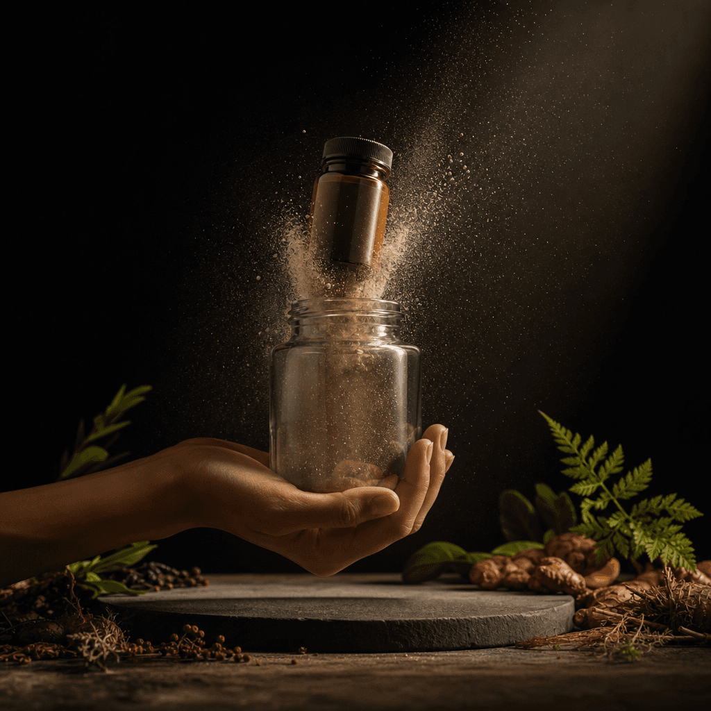 A compact supplement bottle emerging from an oversized glass jar in an anonymous hand, with fine powder particles suspen