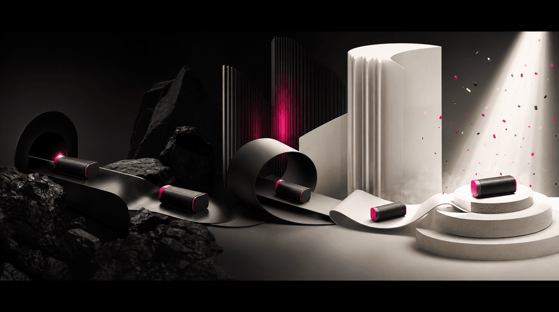 A premium product traveling through a sequence of sculptural campaign environments in one continuous panoramic scene, mo