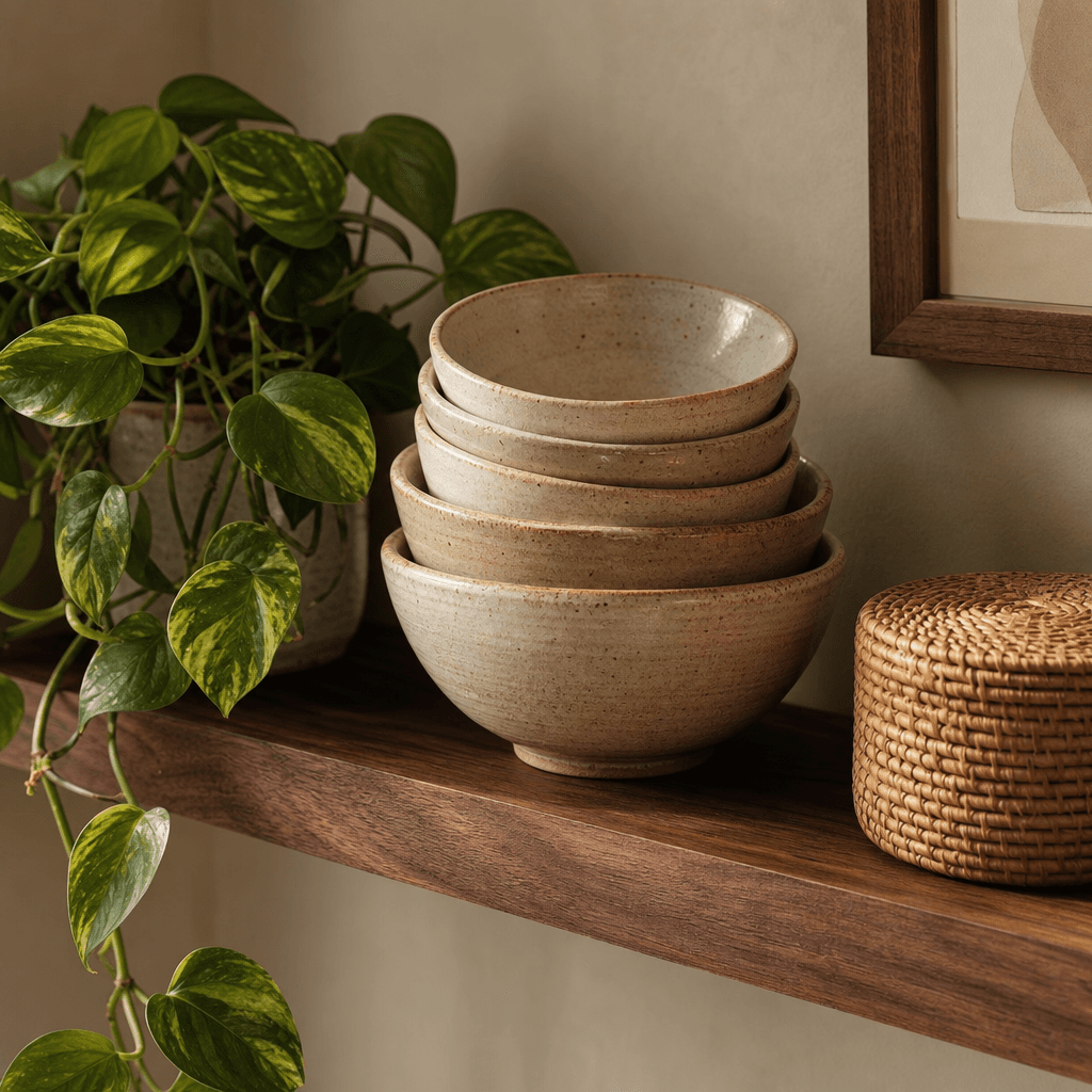Styled shelf vignette: stacked artisan hand-thrown ceramic bowls in warm sand glaze beside a trailing pothos plant and a