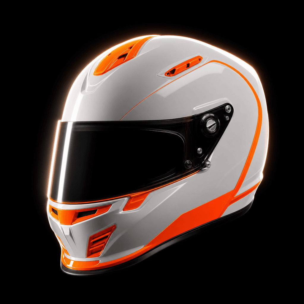 A motorsport racing helmet in gloss white with neon orange accents, captured at a 45-degree orbit position. Pure black v