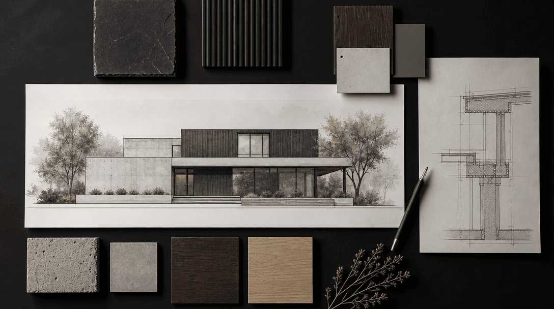High-quality architectural concept elevation print laid across a dark editorial surface alongside material sample chips 