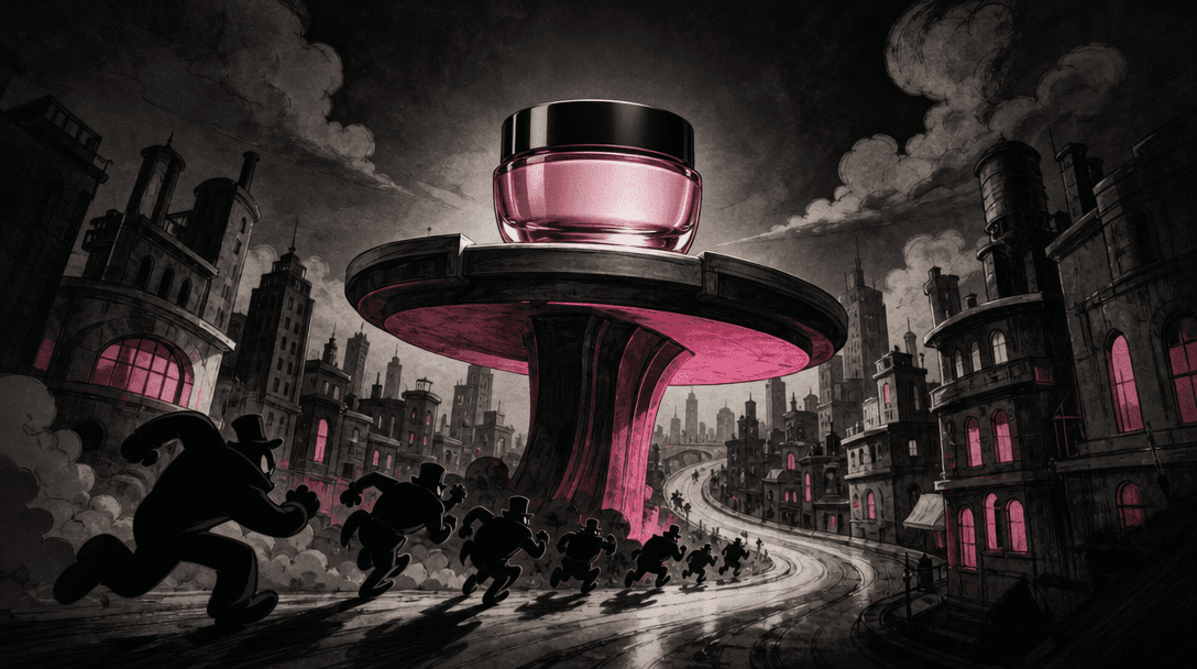 An unbranded product pedestal transforming into a bold rescue platform above a winding vintage-cartoon city street. The 