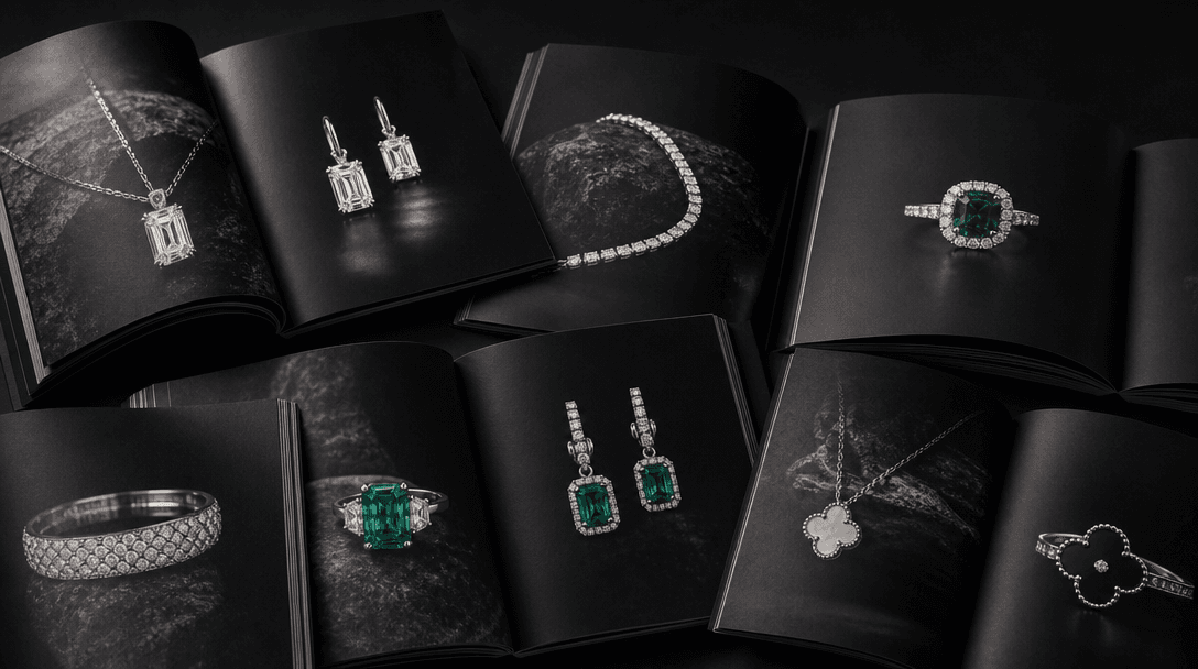 Multiple opened luxury jewelry brand catalog pages fanned out across a dark matte surface, each page showing high-contra