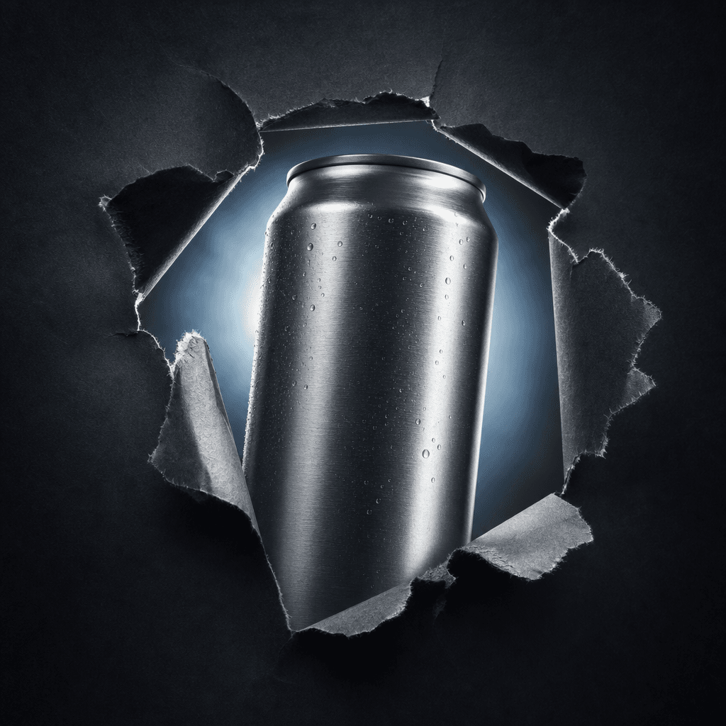 A sleek aluminium energy drink can emerging through a ripped paper reveal on a dark surface. Dramatic cool studio backli