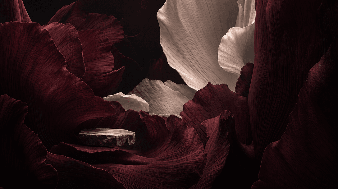 An abstract landscape of enormous overlapping flower petals forming architectural valleys and towering ridges, a tiny st