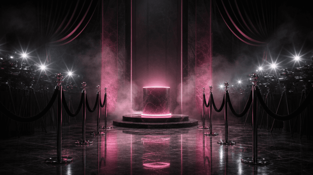 An empty premiere-inspired environment built from black velvet barriers, polished stone, camera flashes, and drifting ha