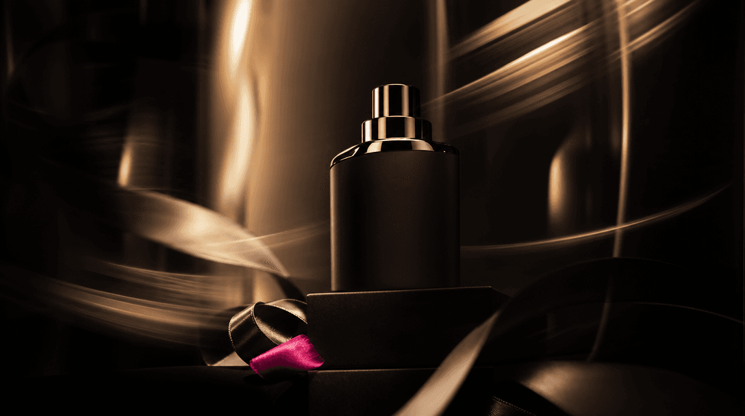 A luxury product silhouette surrounded by controlled ribbons of motion blur and warm elevator light, dark editorial comm