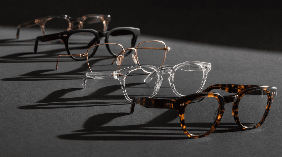 Abstract arrangement of premium eyewear frames in a spectrum of materials — tortoiseshell acetate, crystal clear plastic