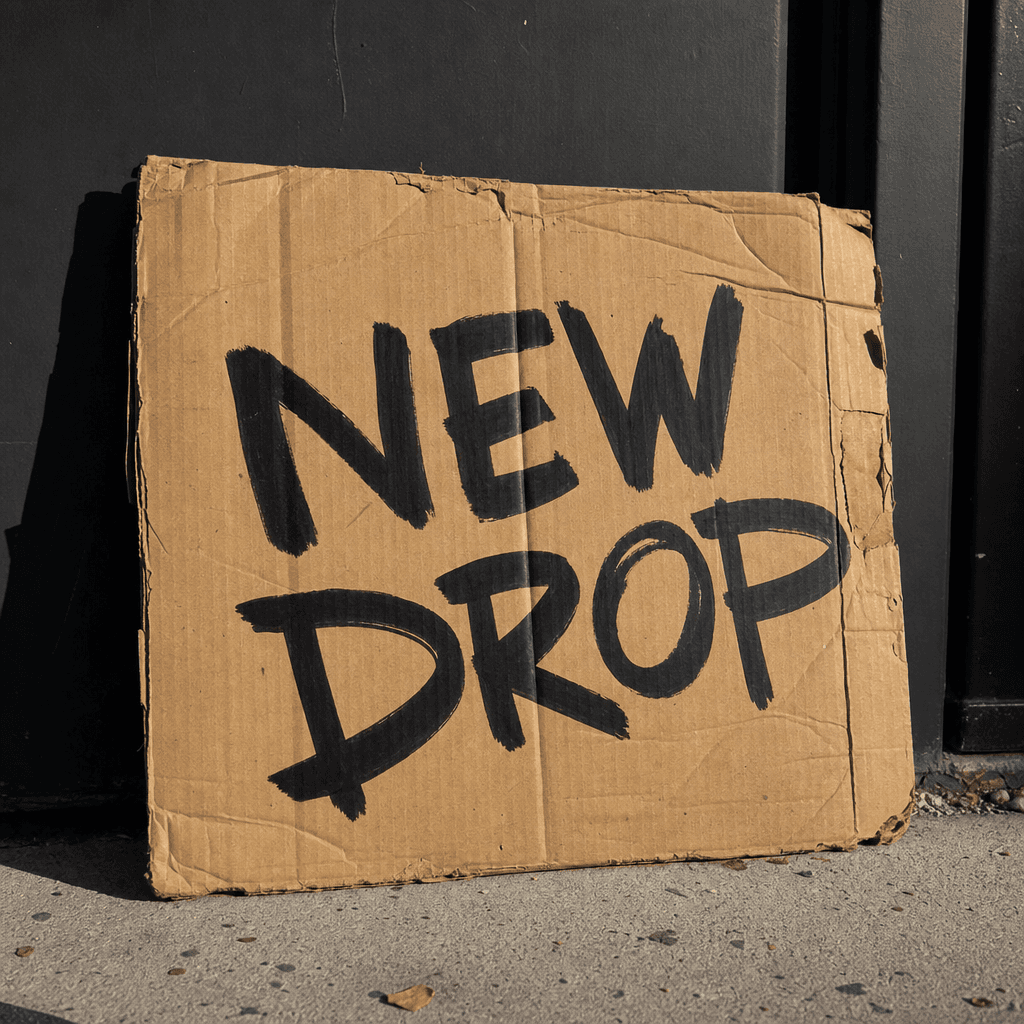 Cardboard sign with 'NEW DROP' in bold hand-written style, weathered tan cardboard, authentic creases and wear, street p