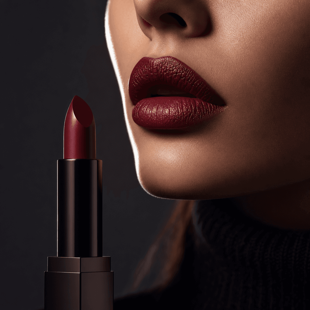 Square editorial beauty close-up featuring deep burgundy lips with subtle gloss and realistic texture, an unbranded matc