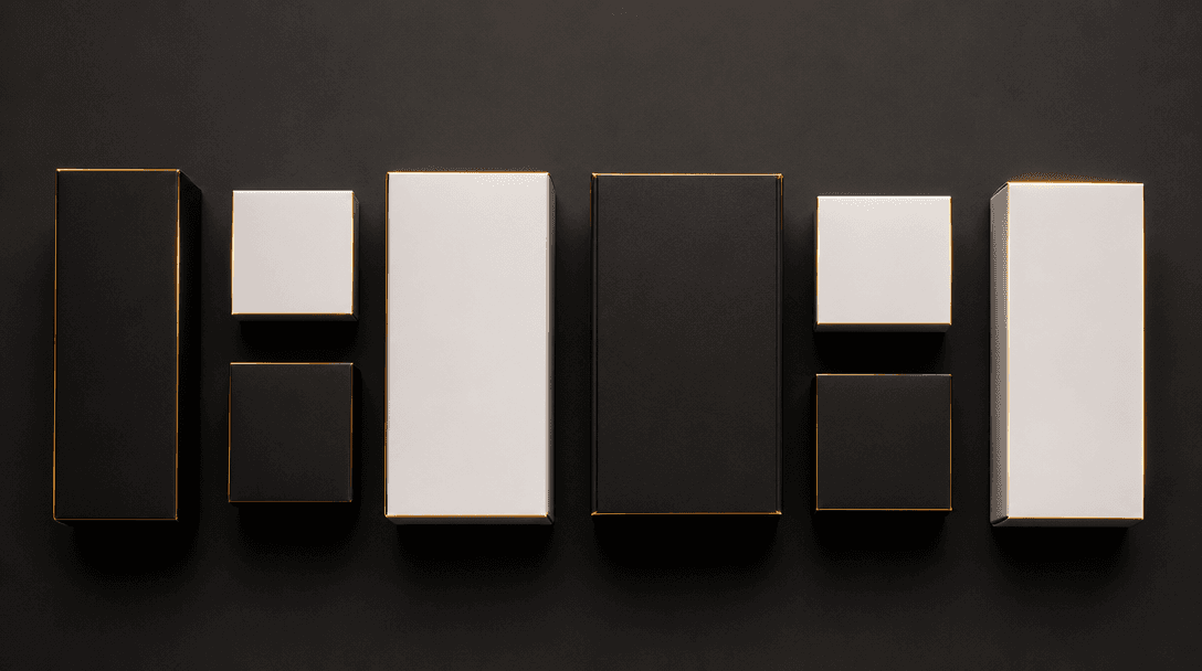 A row of premium product boxes in matte black and white arranged in a precise dark editorial flat lay, warm gold rim lig