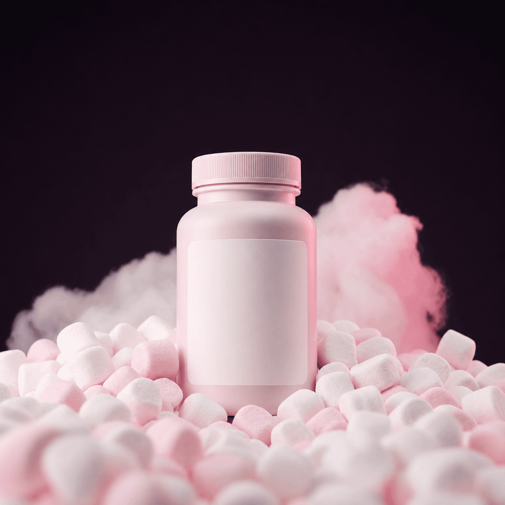 A pastel wellness supplement bottle emerging from a cloudlike field of miniature marshmallows, sculptural arrangement, d
